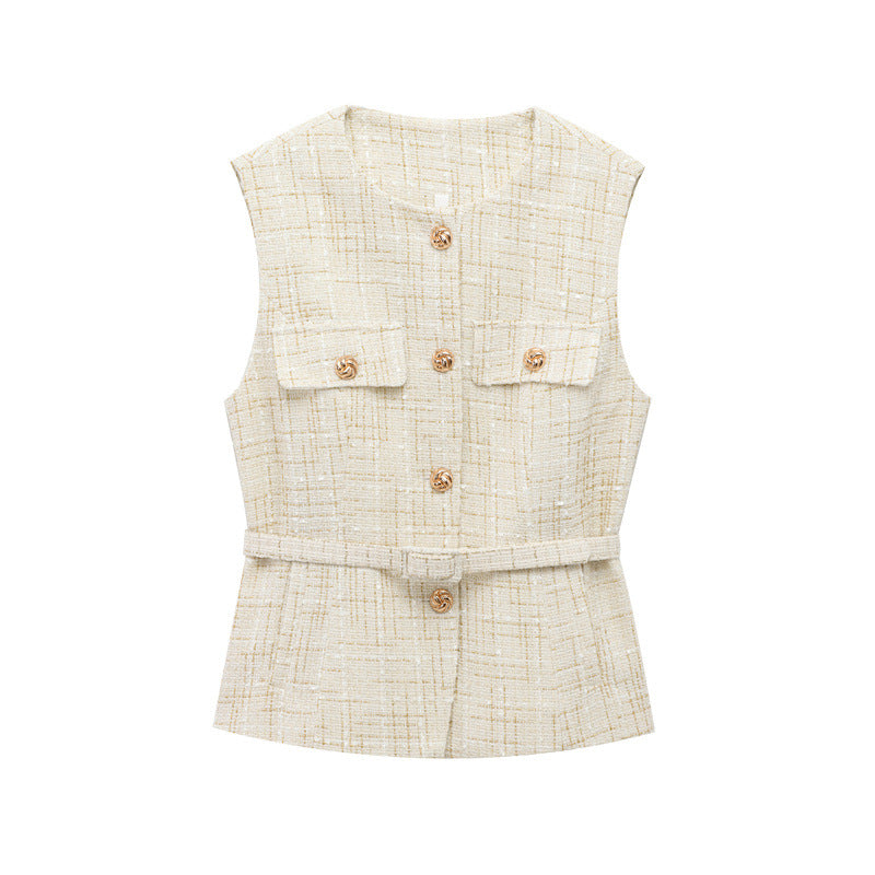 Elegant V-Neck Sleeveless Belt Waist Knit Vest