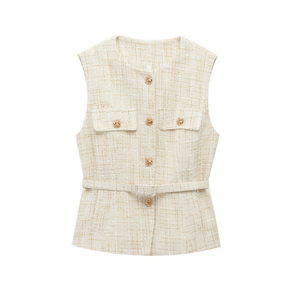 Elegant V-Neck Sleeveless Belt Waist Knit Vest