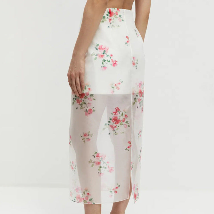 Digital Print Sheer High Waist Split Midi Skirt