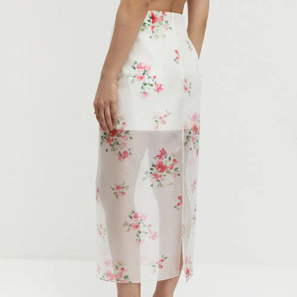 Digital Print Sheer High Waist Split Midi Skirt