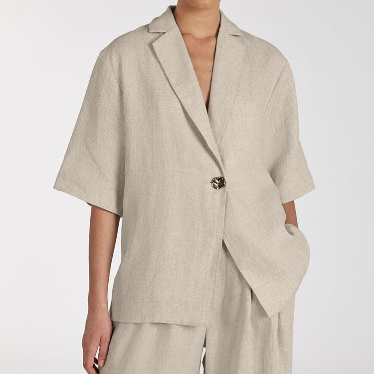 Casual Linen Two-Piece Set with Button Front Cardigan