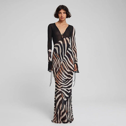 Fashionable V-Neck Mesh Long Sleeve Dress With Color Block Print