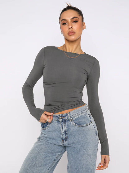 Y2K Fitted Knit Long Sleeve T-Shirt Moisture-Wicking Casual Top