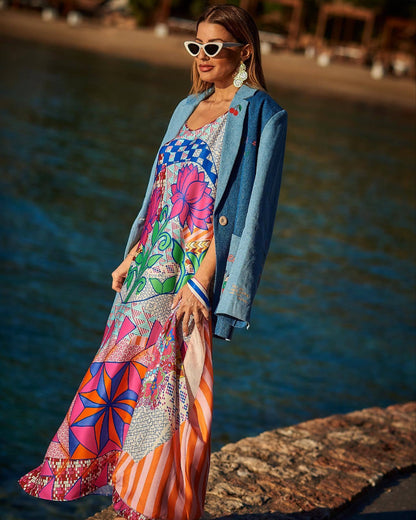 Hot Selling New Print V-Neck Strap Dress Seaside Beach Skirt
