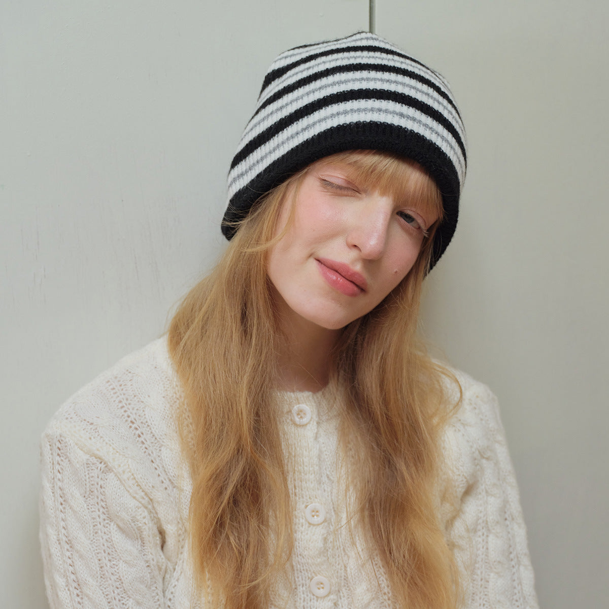 Striped Wool Blend Beanie Hat Soft Knit for Women