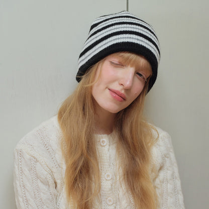 Striped Wool Blend Beanie Hat Soft Knit for Women