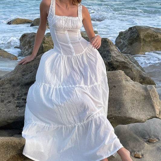 New Lazy Resort Style Pleated Front Cuff Design Extra-Long Dress Goddess Skirt Swing Skirt