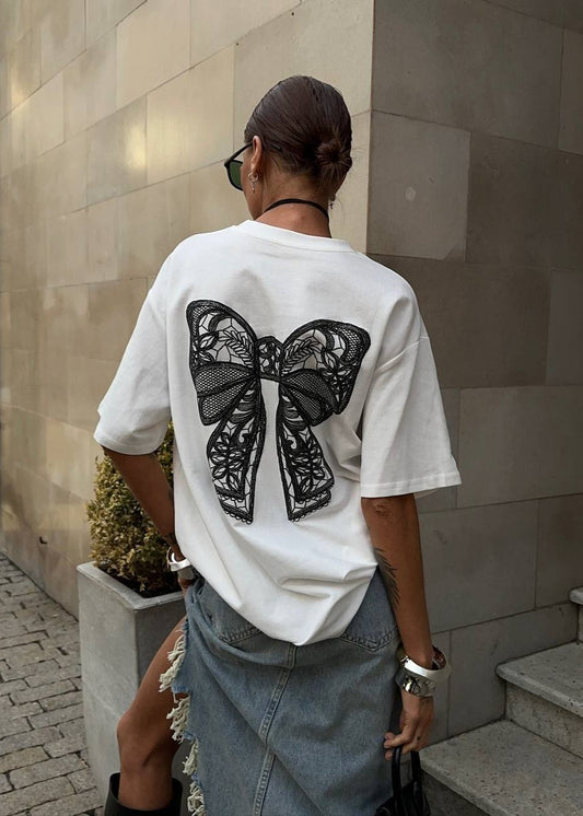Oversized Cotton T Shirt With Lace Bow Details