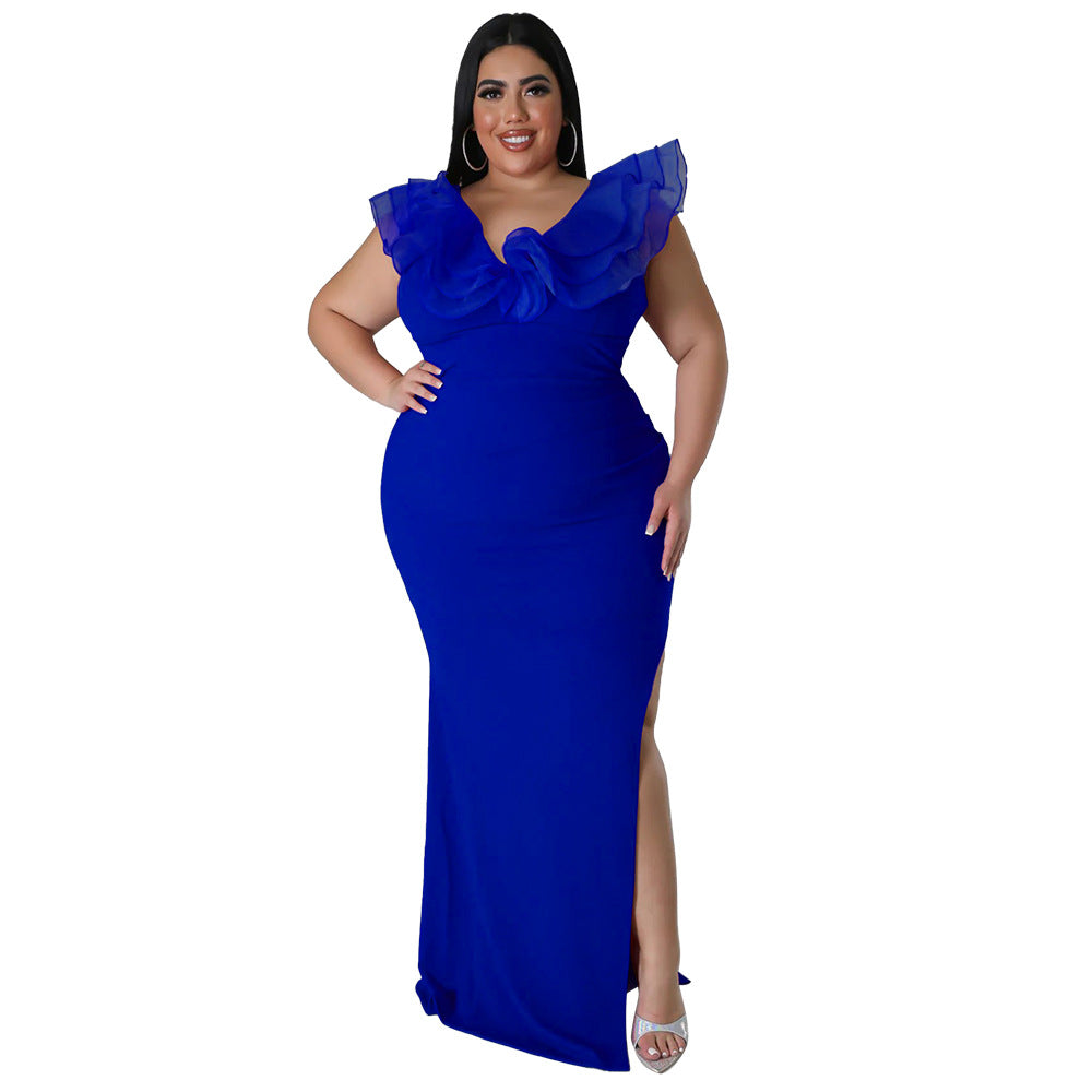 Solid Color Bodycon Dress Elegant V-Neck Long Dress