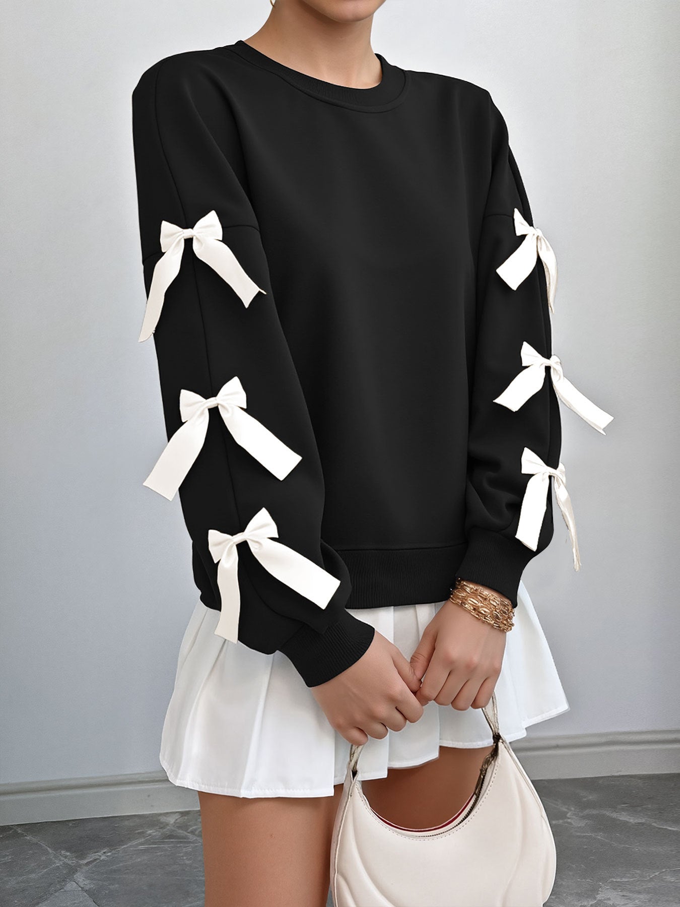Cute Solid Color Bow Knot Pullover Sweater