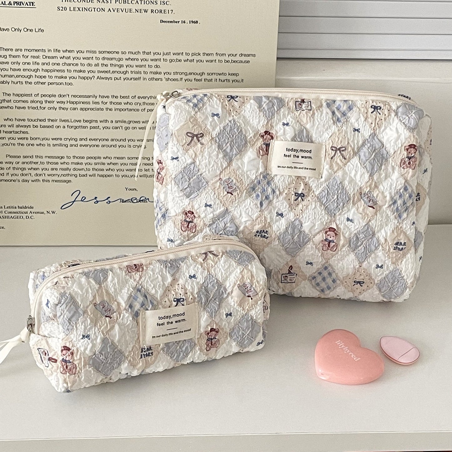 Trendy Quilted Teddy Bear Makeup Bag Portable Travel Organizer