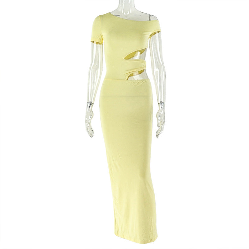 Elegant Solid Color Bodycon Dress With Asymmetrical Hem