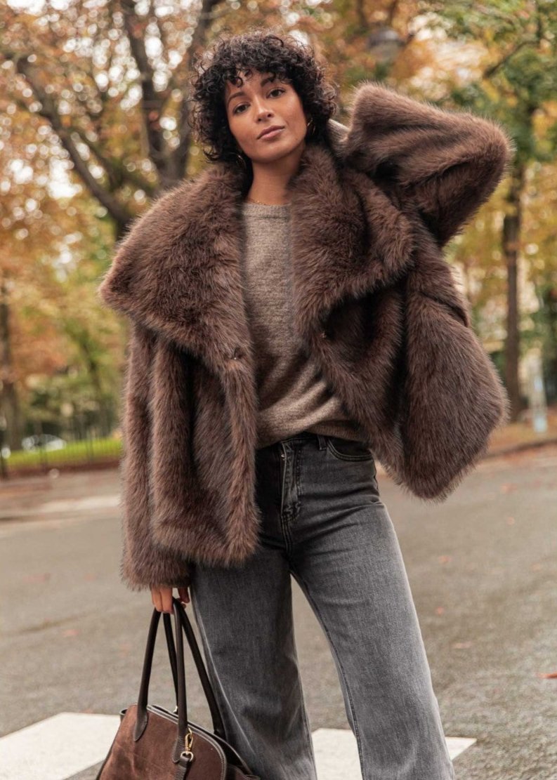 Faux Fur Jacket Plush Texture Dark Brown