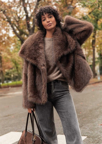 Faux Fur Jacket Plush Texture Dark Brown