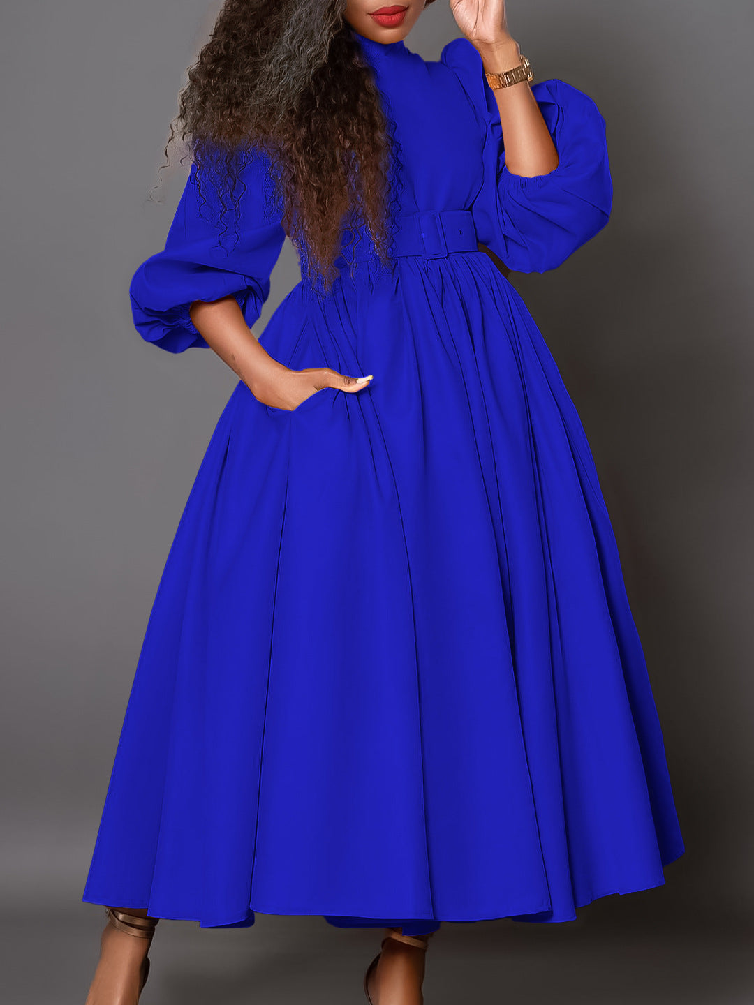 Elegant High Neck Long Sleeve Dress With Belt