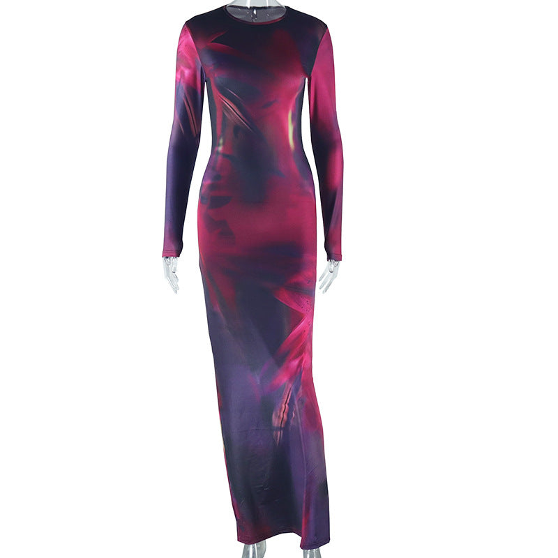 Elegant Abstract Print Long Sleeve Bodycon Maxi Dress