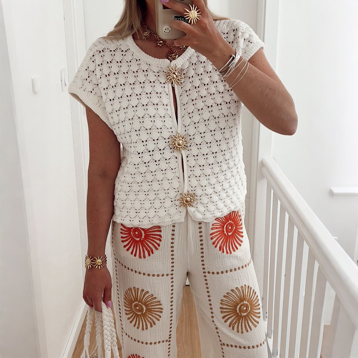 Casual Geometric Lace Short Sleeve T-Shirt