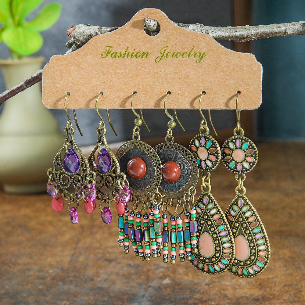 Vintage Circle Metal Tassel Earrings Set for Women