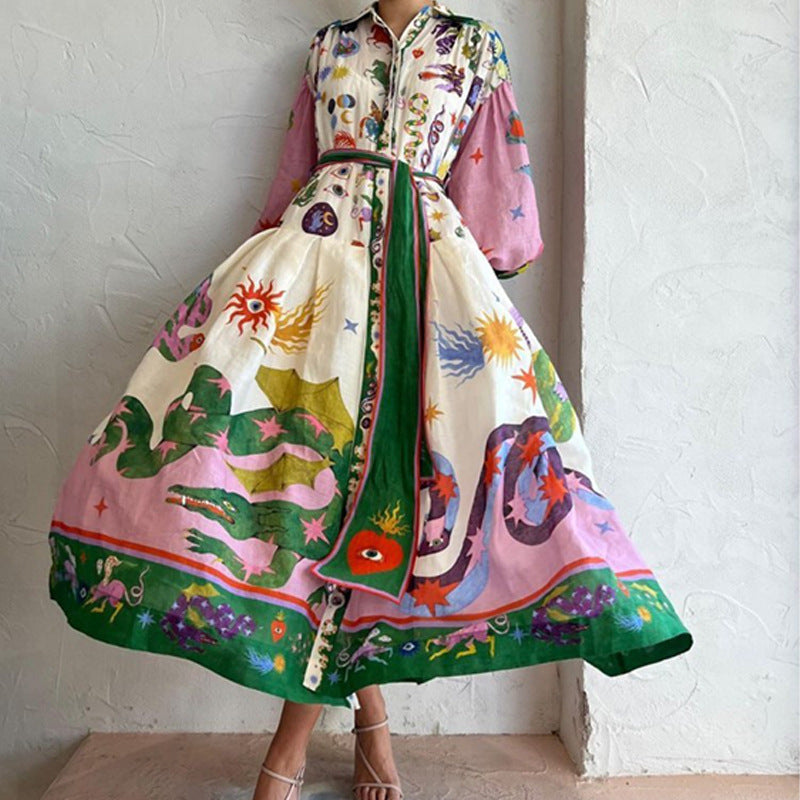 Elegant Floral Print Lantern Sleeve Maxi Dress