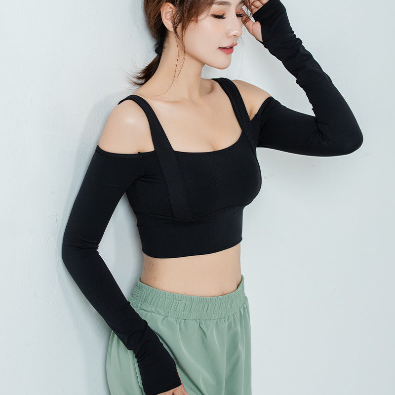 Tight All-In-One Yoga Suit Long-Sleeved Off-The-Shoulder Sports Top Women'S Gym Running T-Shirt