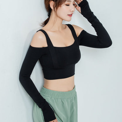 Tight All-In-One Yoga Suit Long-Sleeved Off-The-Shoulder Sports Top Women'S Gym Running T-Shirt