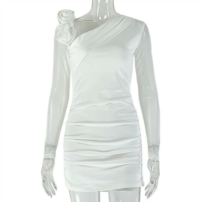 Floral Design Bodycon Dress With Asymmetrical Neckline And Long Sleeves