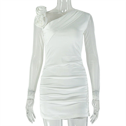 Floral Design Bodycon Dress With Asymmetrical Neckline And Long Sleeves
