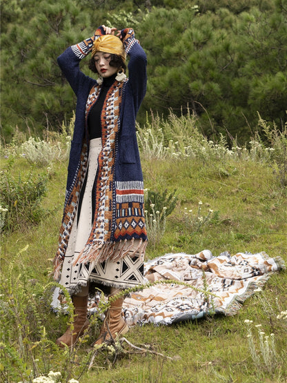 Bohemian Fringed Cardigan Ethnic Style Mid-Length Sweater Loose Knitted Coat