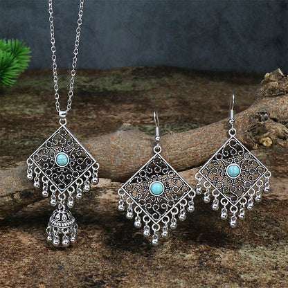 Bohemian Tassel Earrings and Necklace Set with Turquoise Accents