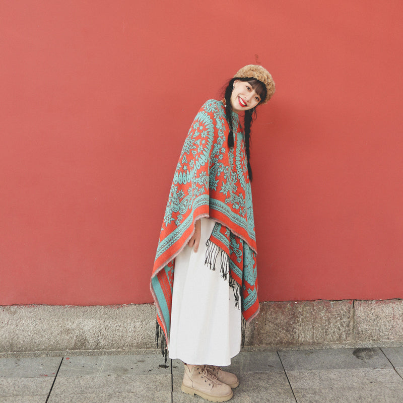 Tibetan Ethnic Totem Flower Big Shawl Retro Warm Scarf