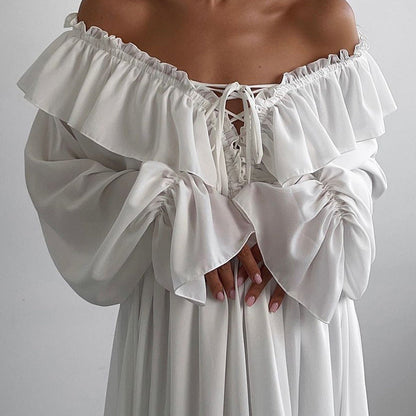 V Neck Ruffled Sleeve Asymmetrical White Chiffon Maxi Dress