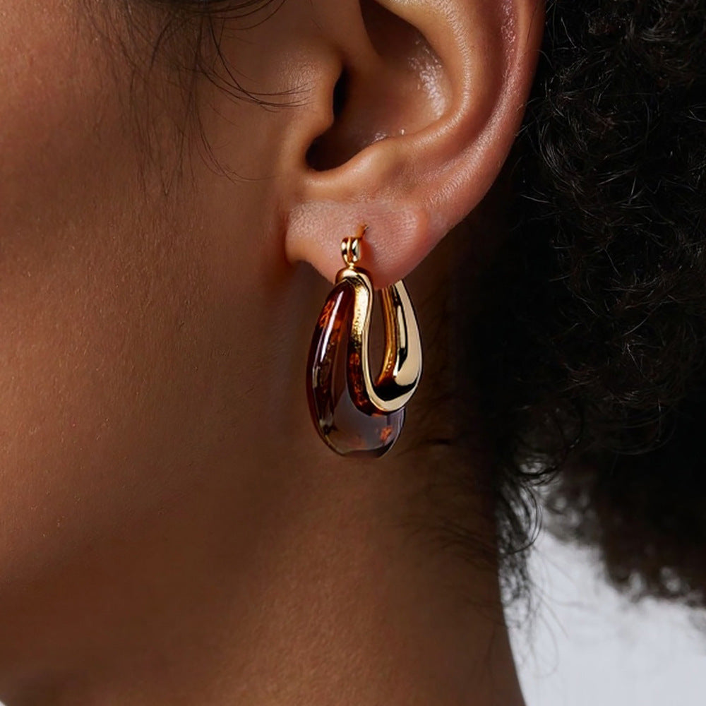 Amber Resin Earrings Vintage Hollow Design Stainless Steel Studs