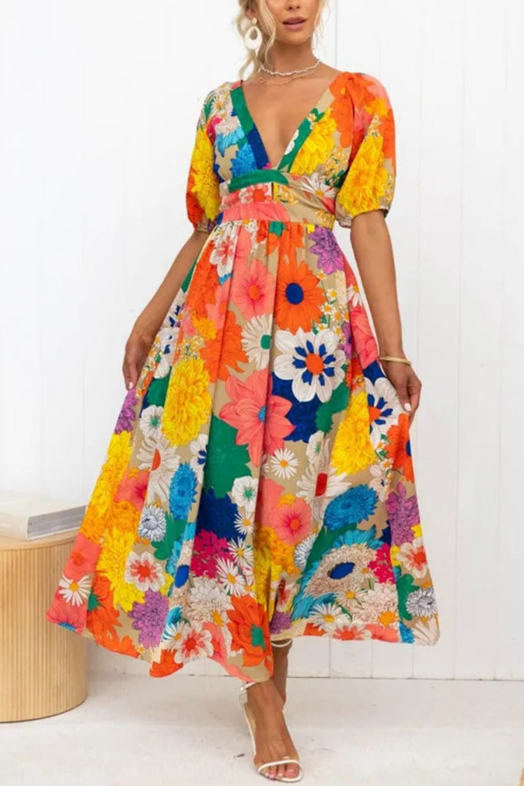 French Floral Puff Sleeve V Neck Maxi Dress