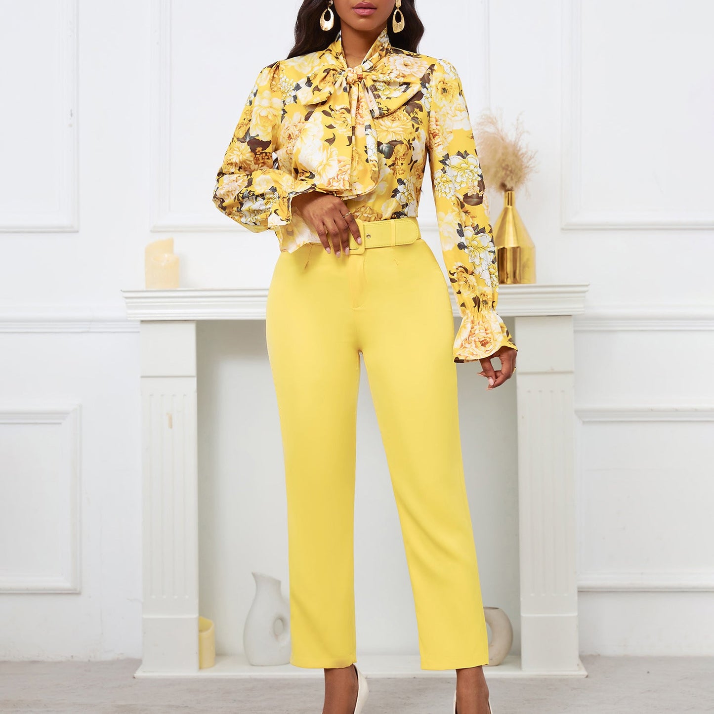 Fashion Floral Long Sleeve Top And High Waist Pants Set