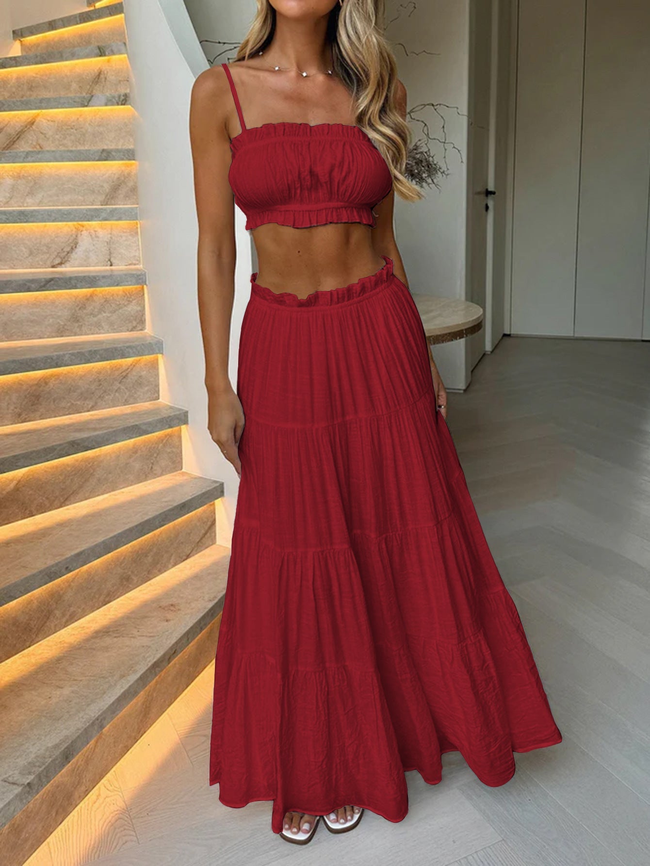 Casual Two-Piece Dress Set with Sleeveless Top and Long Skirt