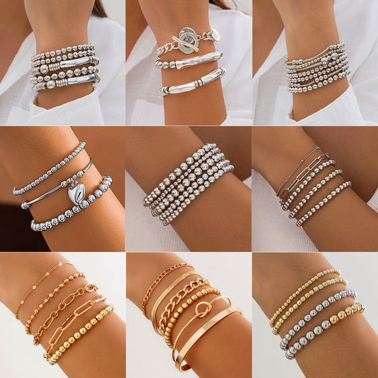 Heart-Shaped Metal Pendant Bead Bracelet Set Stylish Chunky Chain Bracelet For Women