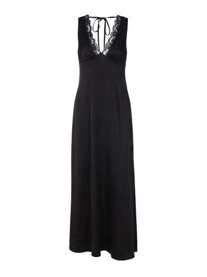 Deep V Lace Trim Bodycon Dress Black Elegant Style