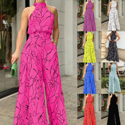 Trendy Floral Print Jumpsuit Stylish Casual High-Waisted Wide-Leg Pants
