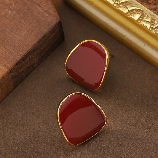 Burgundy Geometric Drip-Glaze Earrings With 925 Silver Pins