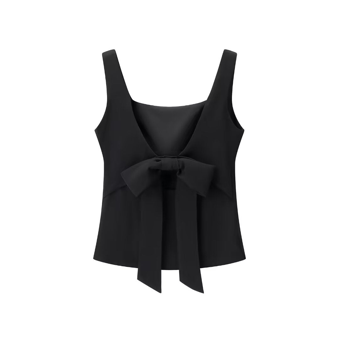 Trendy Solid Color Bowkont Back Sleeveless Top