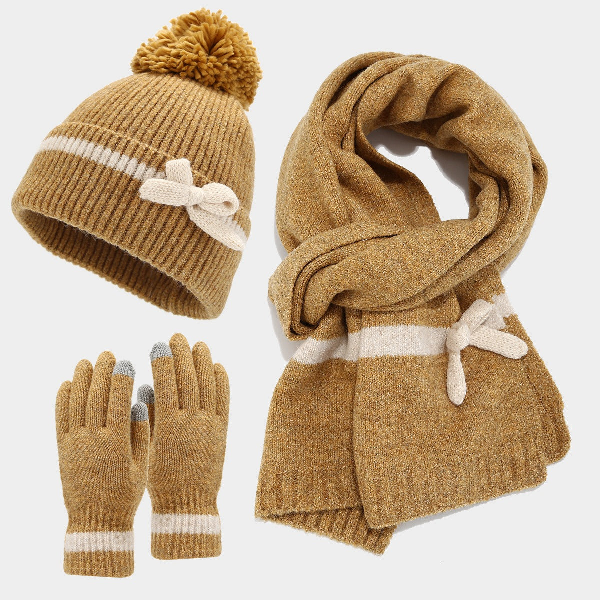 Winter Cute Bow Knot Hat Scarf Gloves Set