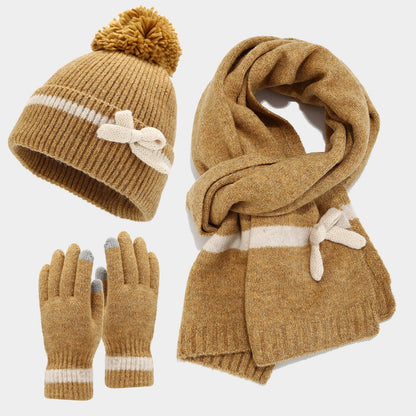 Winter Cute Bow Knot Hat Scarf Gloves Set