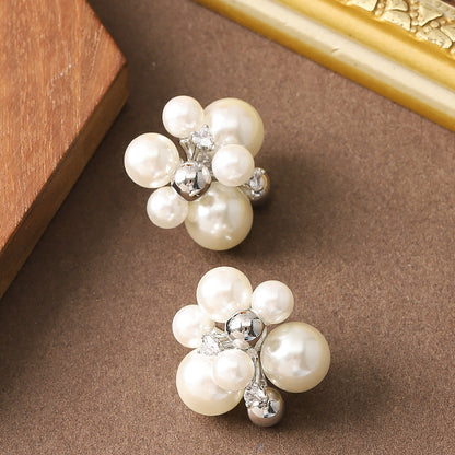 French Elegant Pearl Floral Stud Earrings For Women