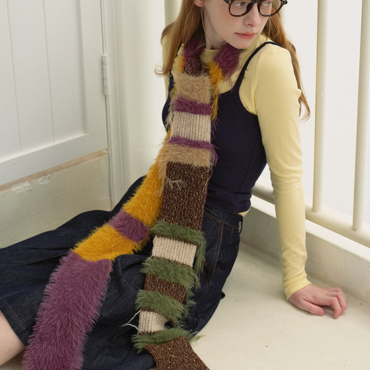 Color Blocked Knitted Fringe Scarf Soft Acrylic Unisex