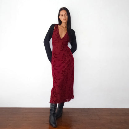 V-Neck Floral Midi Dress Slim Fit Polyester Casual