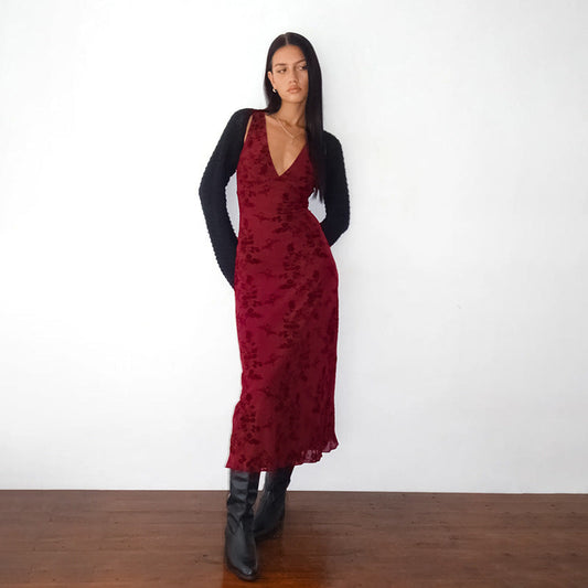 V-Neck Floral Midi Dress Slim Fit Polyester Casual