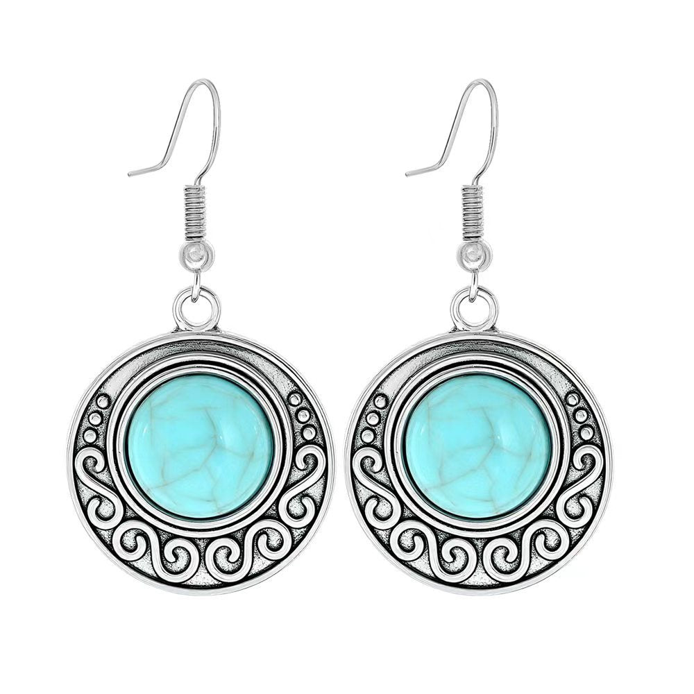Simple Tribal Flower Teardrop Circle Turquoise Earring Set
