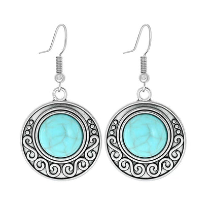 Simple Tribal Flower Teardrop Circle Turquoise Earring Set