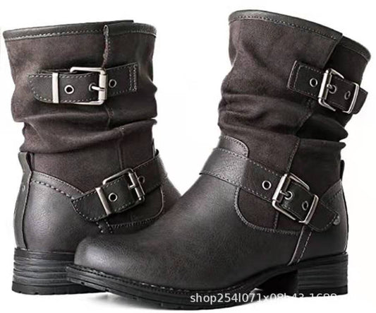 Autumn And Winter New Leopard Print High Round Toe Knight Boots Belt Buckle Low Heel Martin Boots