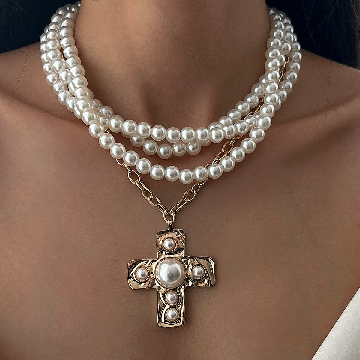 Liquid Metal Cross Pendant Necklace With Beads Elegant Fashion Jewelry